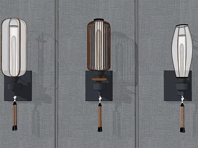 Modern Wall Lamps With Striped Shades Wooden Tassels And Black Bases 3d model