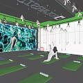 Modern Yoga Fitness Studio With Green Mats Large Screens And Fitness Balls