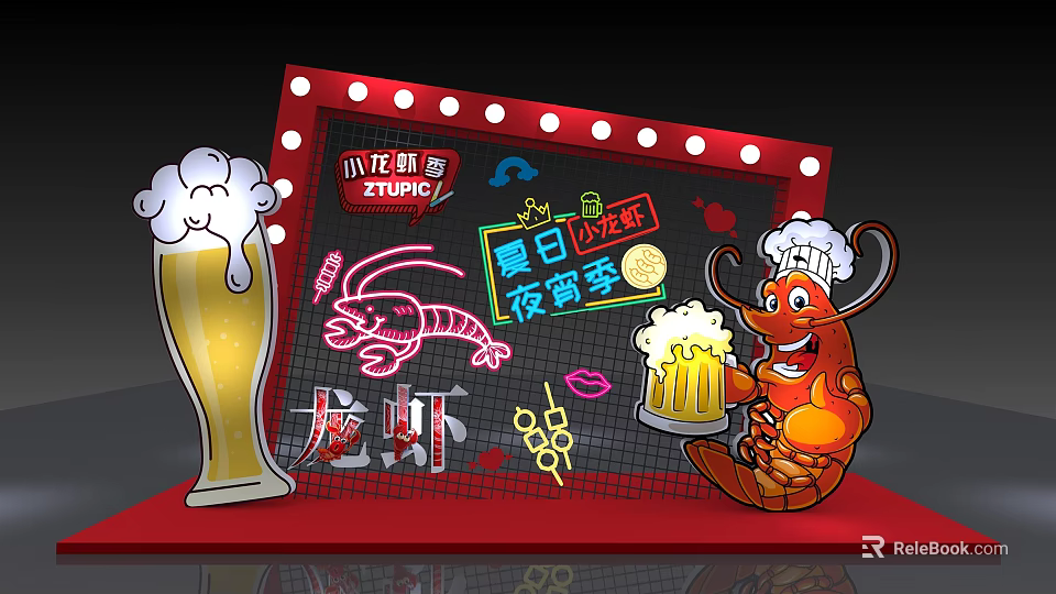 Summer Night Food Season Featuring Crayfish Beer Neon Lights And Cartoon Character 3d model 