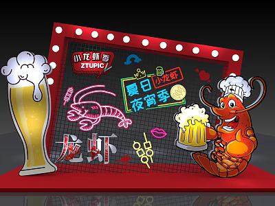 Summer Night Food Season Featuring Crayfish Beer Neon Lights And Cartoon Character 3d model