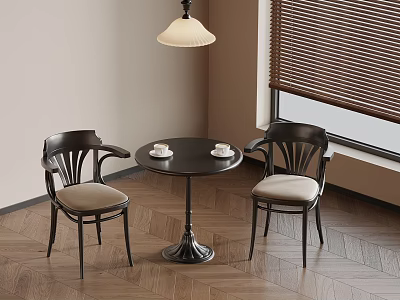 Indoor Corner With Round Table Two Chairs Cups Window Wooden Blinds And Hanging Lamp 3d model