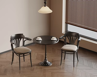 Indoor Corner With Round Table Two Chairs Cups Window Wooden Blinds And Hanging Lamp 3d model