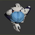 Game Movie Character With Blue Hair White Bodysuit Blue Accents Holding Green And White Object