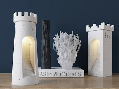 White Castle Shaped Table Lamps with Coral Decoration and Black Pillar on Wooden Table 3d model