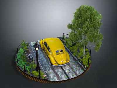 Cartoon Scene Featuring Yellow Car On Circular Road With Street Lamp And Green Tree 3d model