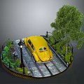 Cartoon Scene Featuring Yellow Car On Circular Road With Street Lamp And Green Tree