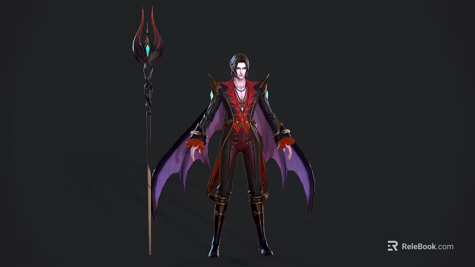 Game Fantasy Character In Red Black Robe With Purple Bat Wings And Gemmed Staff 3d model 