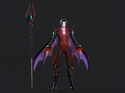 Game Fantasy Character In Red Black Robe With Purple Bat Wings And Gemmed Staff 3d model