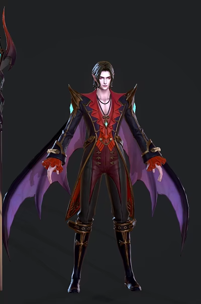 Game Fantasy Character In Red Black Robe With Purple Bat Wings And Gemmed Staff 3d model Game Fantasy Character In Red Black Robe With Purple Bat Wings And Gemmed Staff 3d model