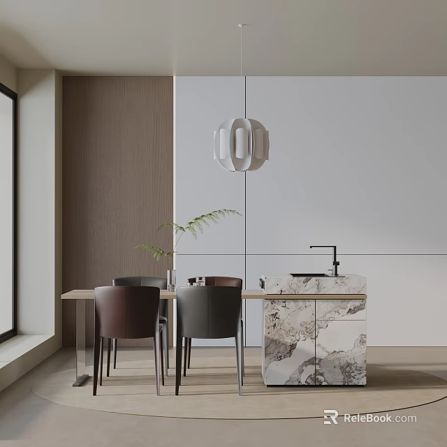 Modern Dining Table Set Featuring Wooden Top Dark Chairs And Marble Countertop With Pendant Light 3d model 