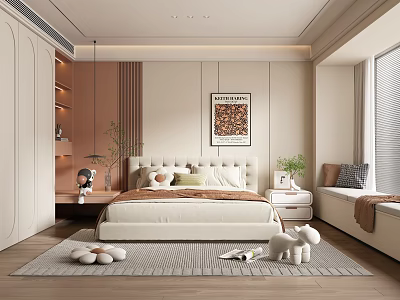 Modern Bedroom Interior With Beige Bed Wall Poster Green Plants Rug And Window Seat 3d model