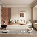 Modern Bedroom Interior With Beige Bed Wall Poster Green Plants Rug And Window Seat