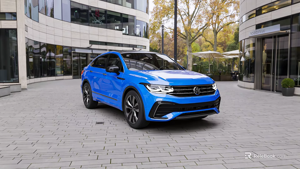 Blue Volkswagen SUV Parked on Brick Pavement With Modern Buildings and Trees 3d model 