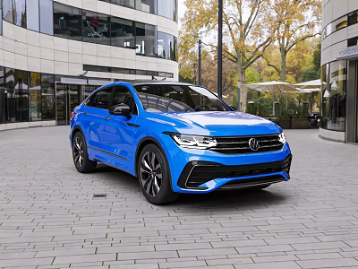Blue Volkswagen SUV Parked on Brick Pavement With Modern Buildings and Trees 3d model