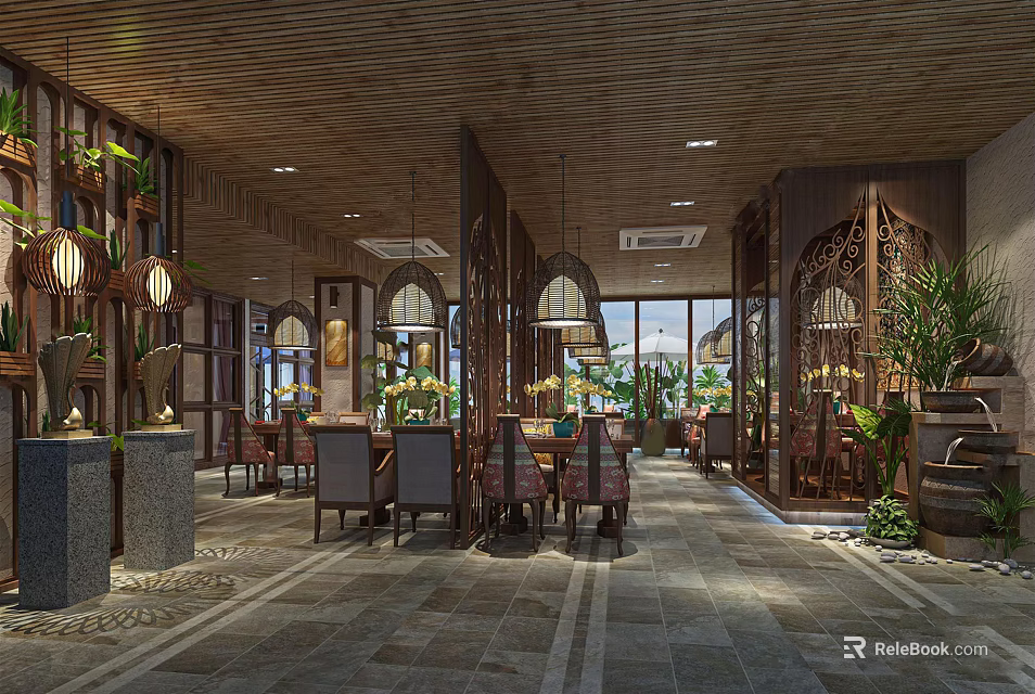 Elegant Restaurant Interior Design With Wooden Decor Pendant Lights And Dining Tables 3d model 