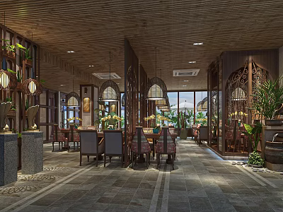 Elegant Restaurant Interior Design With Wooden Decor Pendant Lights And Dining Tables 3d model