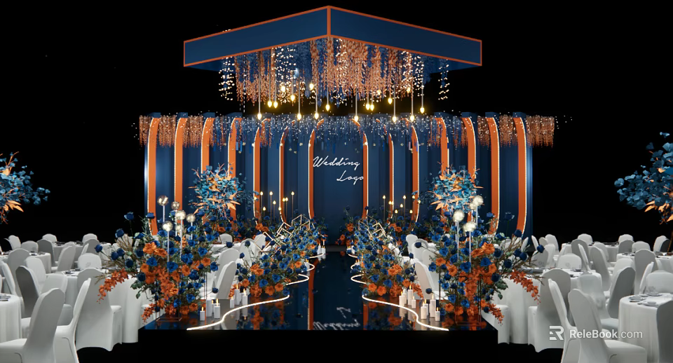 Elegant Wedding Banquet Hall With Blue Orange Floral Arrangements White Chairs And Chandeliers 3d model 