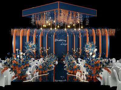Elegant Wedding Banquet Hall With Blue Orange Floral Arrangements White Chairs And Chandeliers 3d model