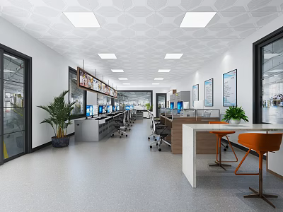 Modern Monitoring Room Interior With Multiple Monitors Workstations Office Chairs And Plants 3d model
