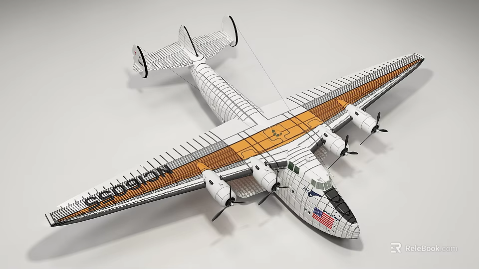 3D Model Passenger Airplane With Wireframe Orange White Wings American Flag Four Propellers And G-AGlON 3d model 