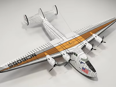 3D Model Passenger Airplane With Wireframe Orange White Wings American Flag Four Propellers And G-AGlON 3d model