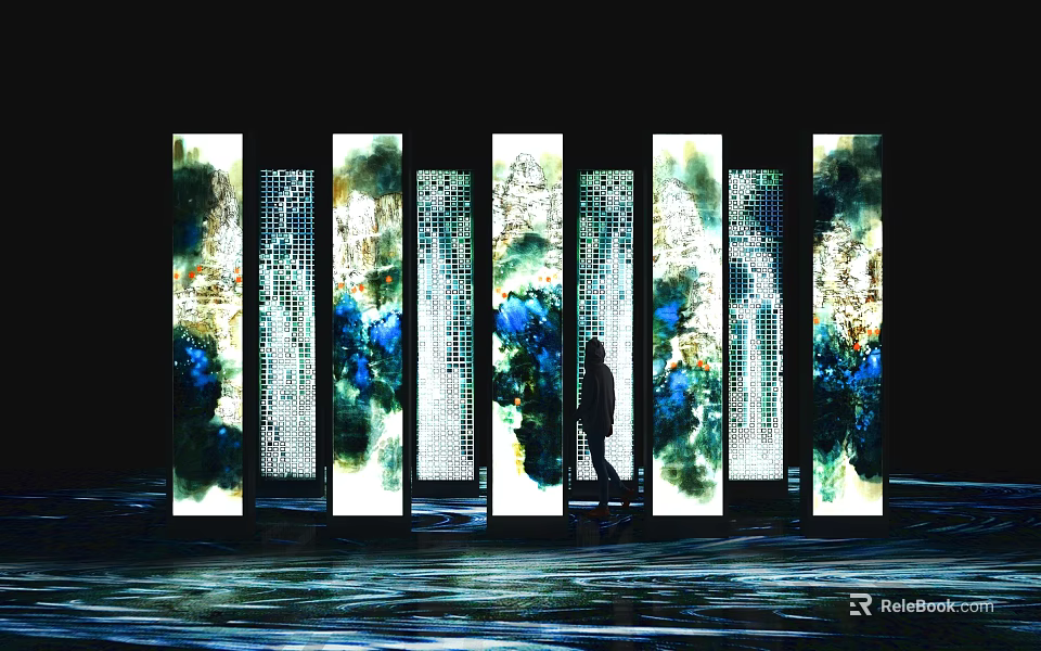 Traditional Ink Style Screens With Person Walking On Water Wave Floor 3d model 