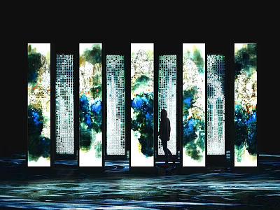 Traditional Ink Style Screens With Person Walking On Water Wave Floor 3d model