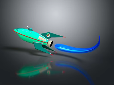 Flying 3D Green Red Spaceship Model With Blue Flame And Reflection 3d model