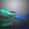 Flying 3D Green Red Spaceship Model With Blue Flame And Reflection