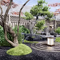 Zen Courtyard Garden With Japanese Maple Trees Bamboo Fence Stone Lantern And Pebble Path