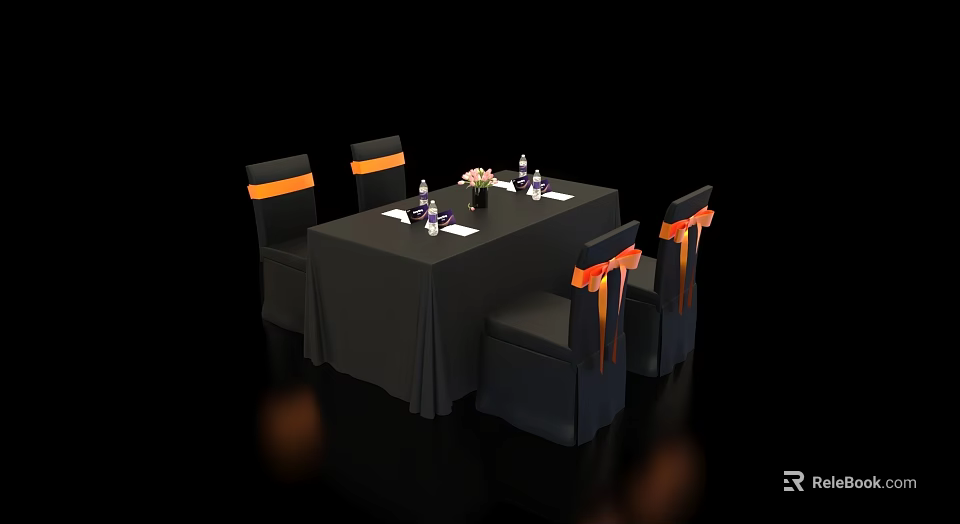 Elegant Conference Table With Black Tablecloth And Chairs With Orange Sashes 3d model 