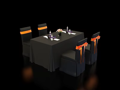Elegant Conference Table With Black Tablecloth And Chairs With Orange Sashes 3d model