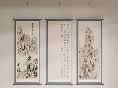 Traditional Chinese Scroll Paintings Wall Hanging Three Panels With Landscape And Calligraphy 3d model