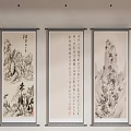 Traditional Chinese Scroll Paintings Wall Hanging Three Panels With Landscape And Calligraphy