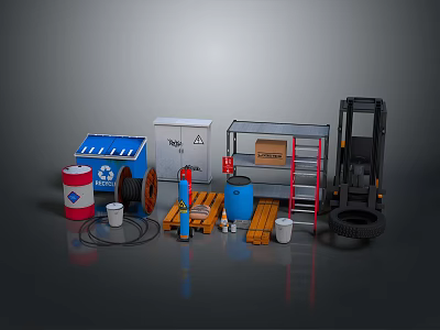 Industrial Storage Equipment With Forklift Barrels Shelf Boxes Wooden Pallets And Coil 3d model