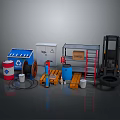 Industrial Storage Equipment With Forklift Barrels Shelf Boxes Wooden Pallets And Coil