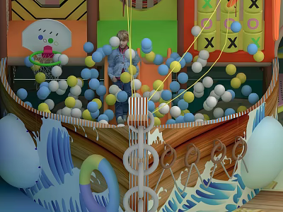 Boat Shaped Play Equipment with Colorful Ball Pit and Wave Decorations for Kids 3d model
