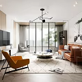 Modern Living Room Interior With Orange Accent Chair Leather Sofa And Coffee Table
