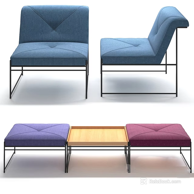 Modern Single Fabric Sofa with Metal Frame in Blue and Purple Tones for Living Room 3d model 