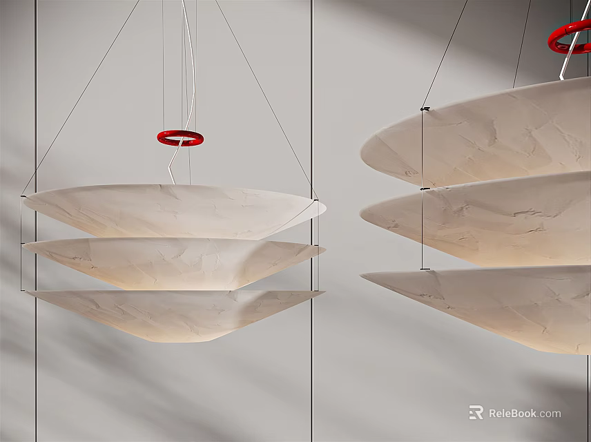 Modern Multi Layered Chandelier With Marble Texture Shades Red Accent Rings Suspended Design 3d model 