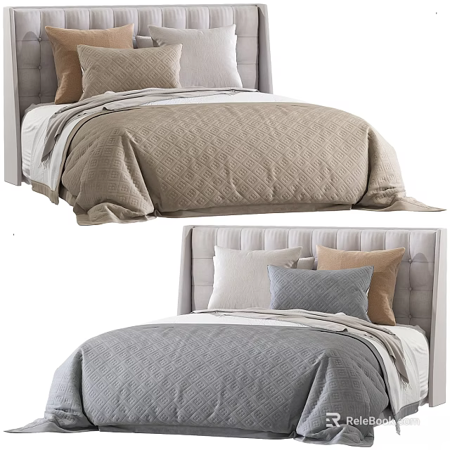 Modern Double Bed With Upholstered Headboard Beige Gray Quilted Bedspread And Decorative Pillows 3d model 