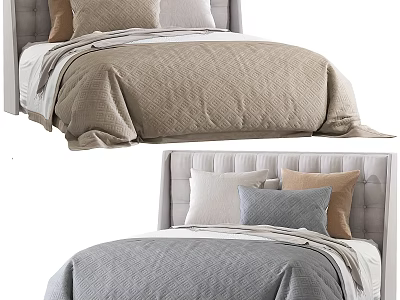 Modern Double Bed With Upholstered Headboard Beige Gray Quilted Bedspread And Decorative Pillows 3d model