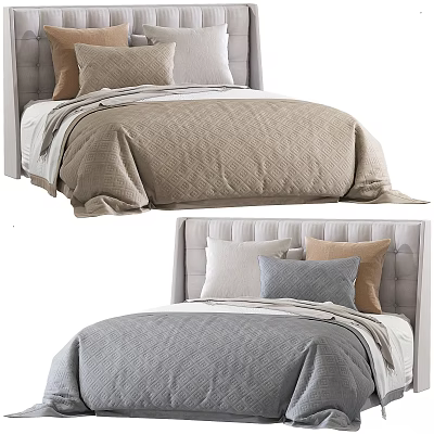 Modern Double Bed With Upholstered Headboard Beige Gray Quilted Bedspread And Decorative Pillows 3d model