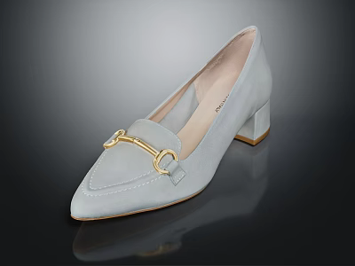 Light Blue Women's Pointed Toe Block Heel Shoes With Gold Horsebit Suede Detail 3d model