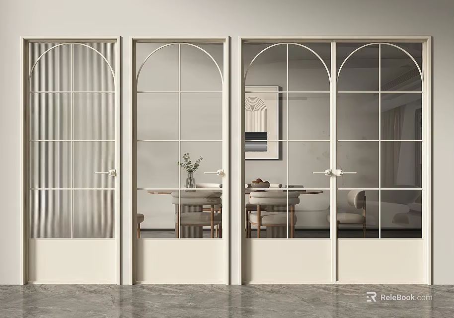 Modern White Double Doors With Arched Grid Glass Panels In Living Interior Space 3d model 