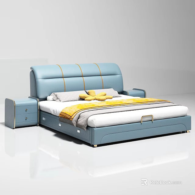 Elegant Blue Leather Upholstered Double Bed With Yellow Stitching And Nightstand 3d model