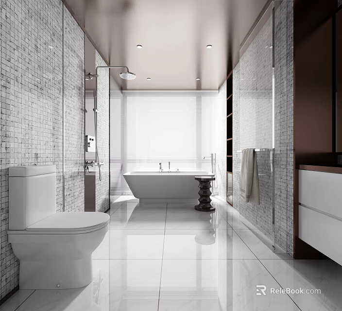 Modern Hotel Bathroom Interior With Bathtub Shower Vanity And White Tiles 3d model 
