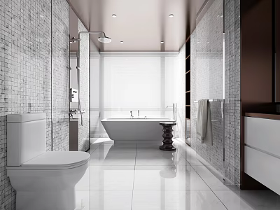 Modern Hotel Bathroom Interior With Bathtub Shower Vanity And White Tiles 3d model