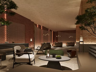 Hotel Public Lounge Area With Red Brick Walls Modern Furniture Hanging Lights And Green Plants 3d model