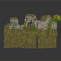 Overgrown Stone Wall Ruins With Moss And Green Plants On Broken Sections